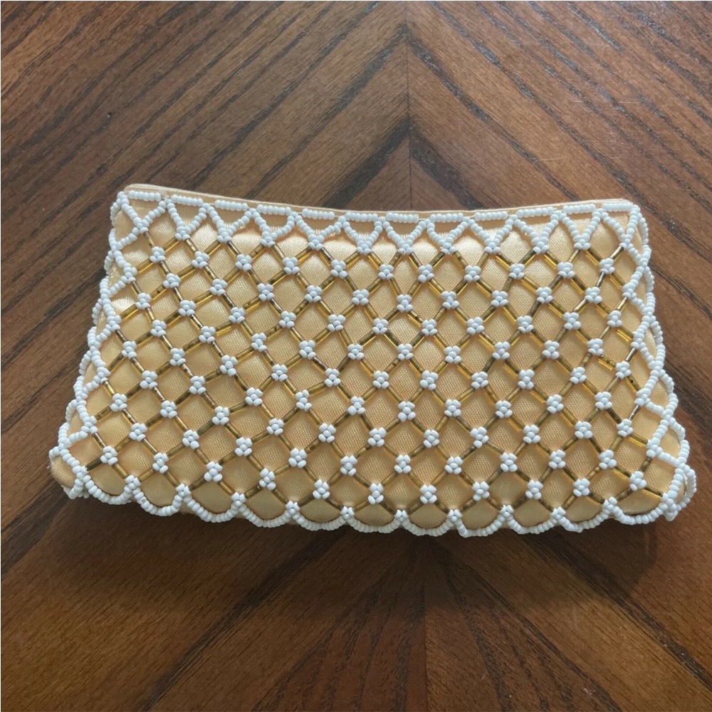 Schildkraut Hong Kong Style White Beaded Gold Clutch Purse Small Formal Handbag
